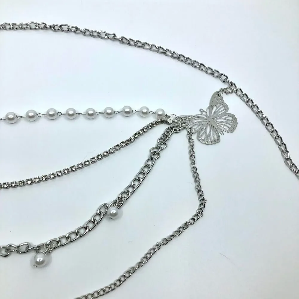 Women's Silver Butterfly Pearl Layered Chain Belt, 35 Inches, X7G9A1046
